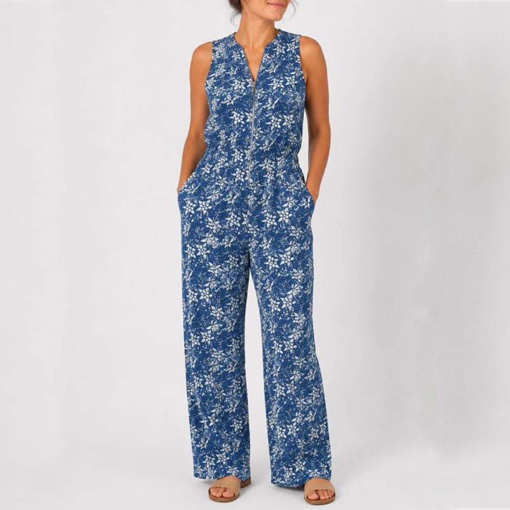 Soft Surroundings 1X Blue White Floral Sleeveless Wide Leg Jumpsuit Rayon NWT